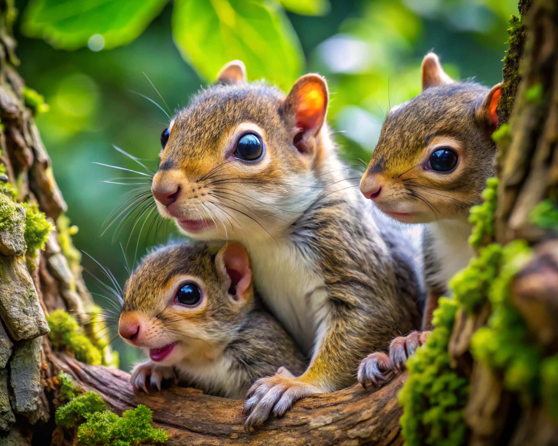 Baby squirrels 壁紙 — 三隻可愛的松鼠寶寶，有著大大的黑色眼睛，在陽光明媚的森林中，從一條長滿苔蘚的樹枝上好奇地探出頭來。