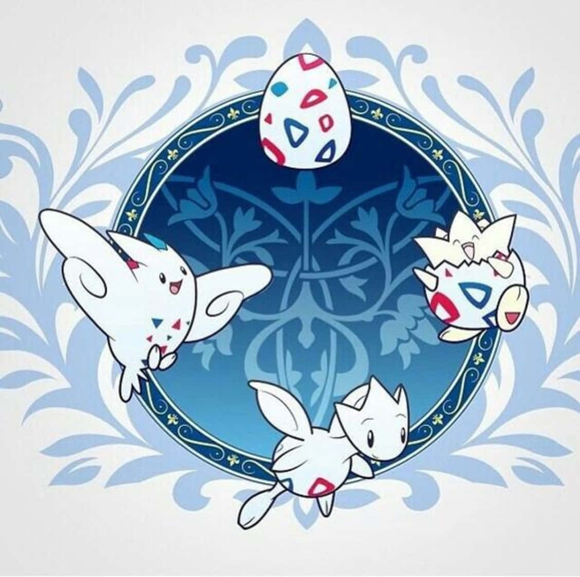Pokemon Aesthetic 桌布 壁紙 — 三隻可愛的白色寶可夢，帶有紅色、藍色和藍綠色幾何圖案，漂浮在一個裝飾性藍色圓形框架內的有圖案蛋周圍。