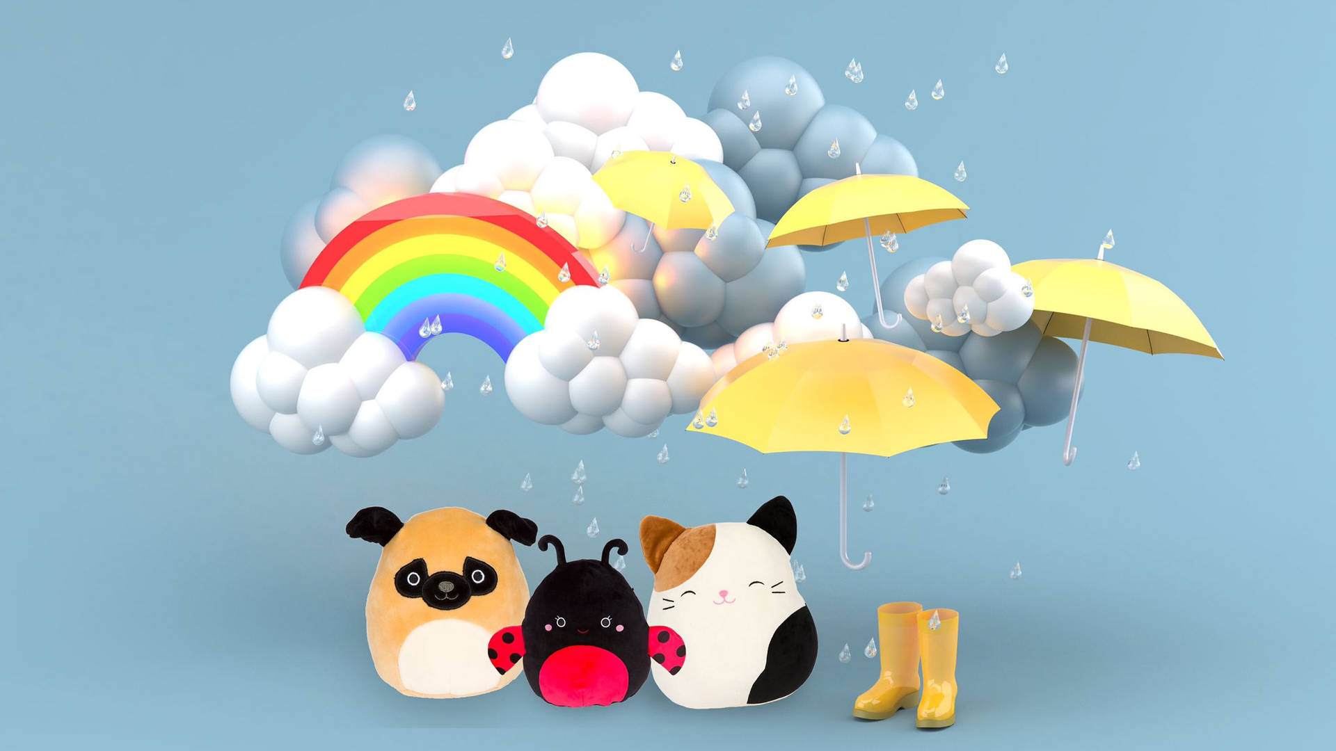 三隻絨毛動物和靴子站在浮雲下，有彩虹和雨傘。 — Squishmallows 壁紙