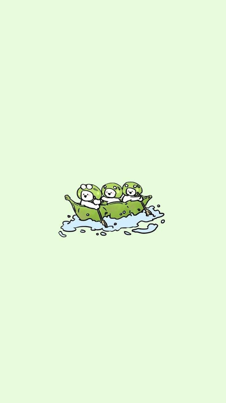 Cartoon 桌布 壁紙 — 三隻可愛的綠色青蛙角色在淺綠色背景上划著樹葉船穿過飛濺的水花。
