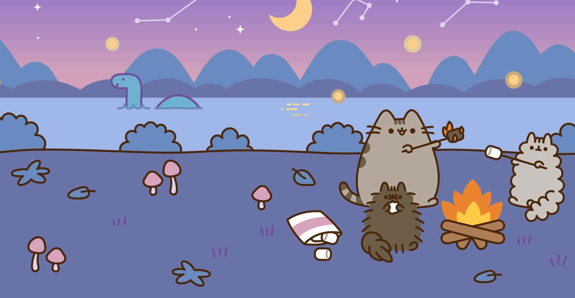 三隻卡通貓在星空下的營火旁烤棉花糖。 — Pusheen 動圖 壁紙