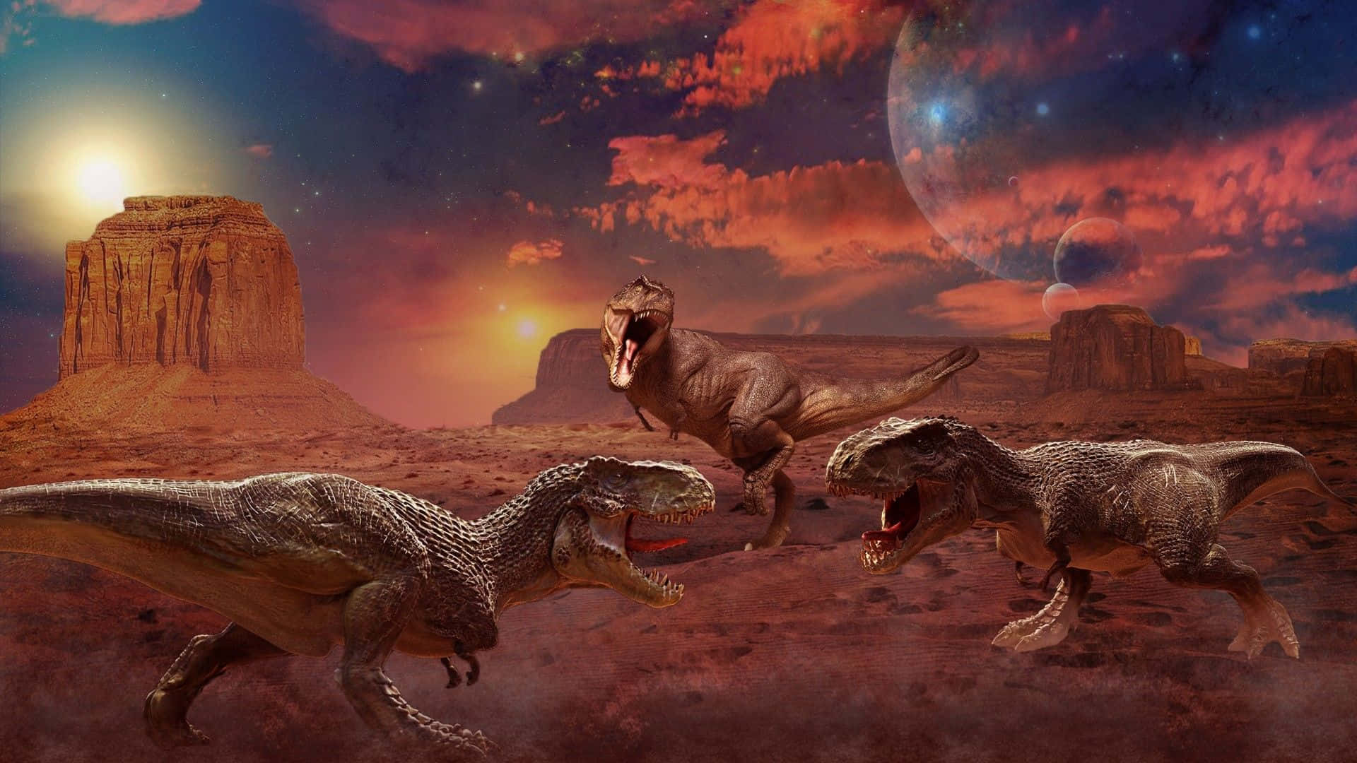 Cool Dinosaur 桌布 壁紙 — 三隻咆哮的暴龍在超現實的外星峽谷中戰鬥，背景是熾熱的日落和漂浮的行星。