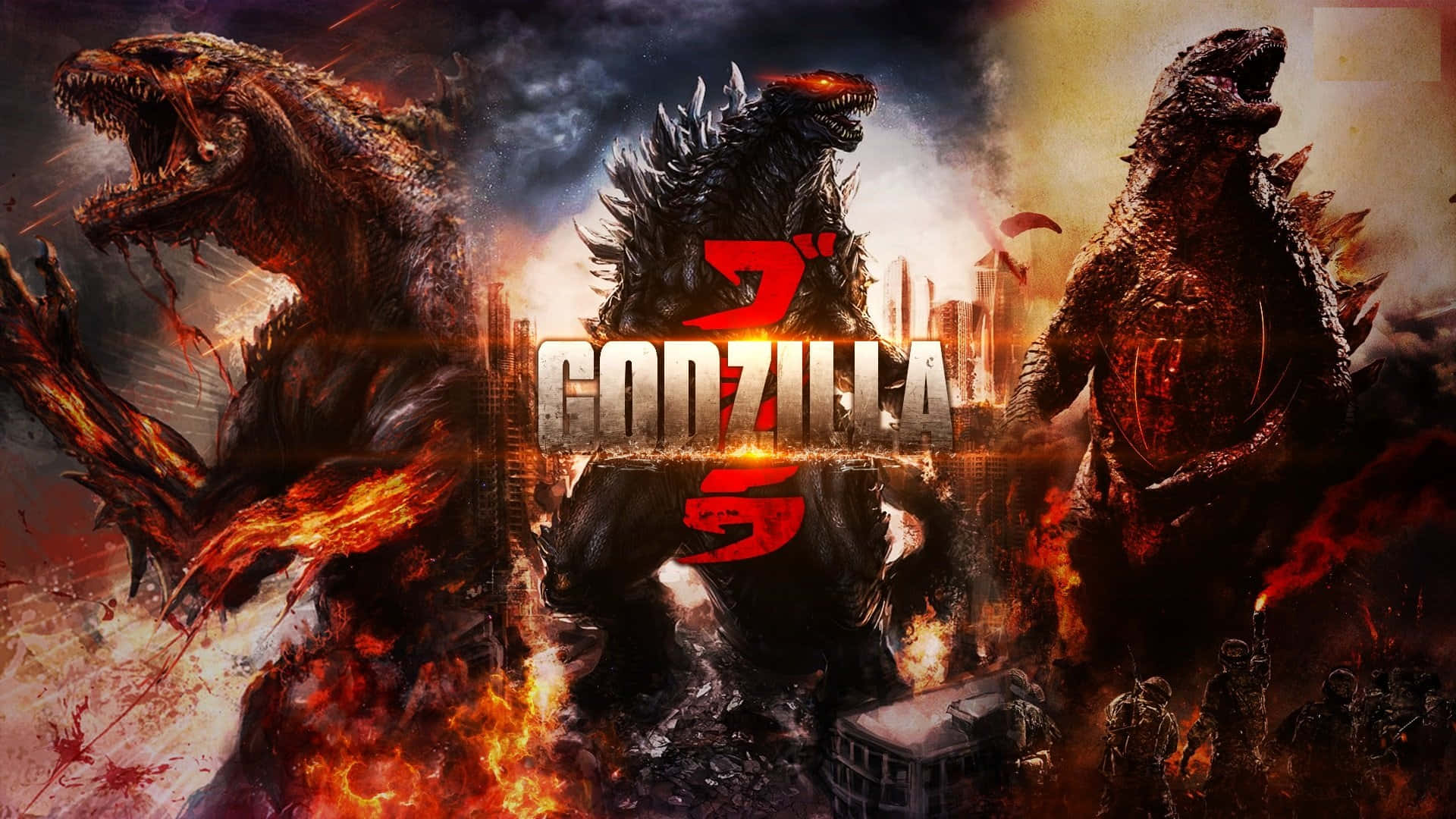 godzilla 1998 桌布 壁紙 — 三隻哥吉拉怪獸在烈火毀滅中咆哮，下方是崩塌的城市景觀和士兵。