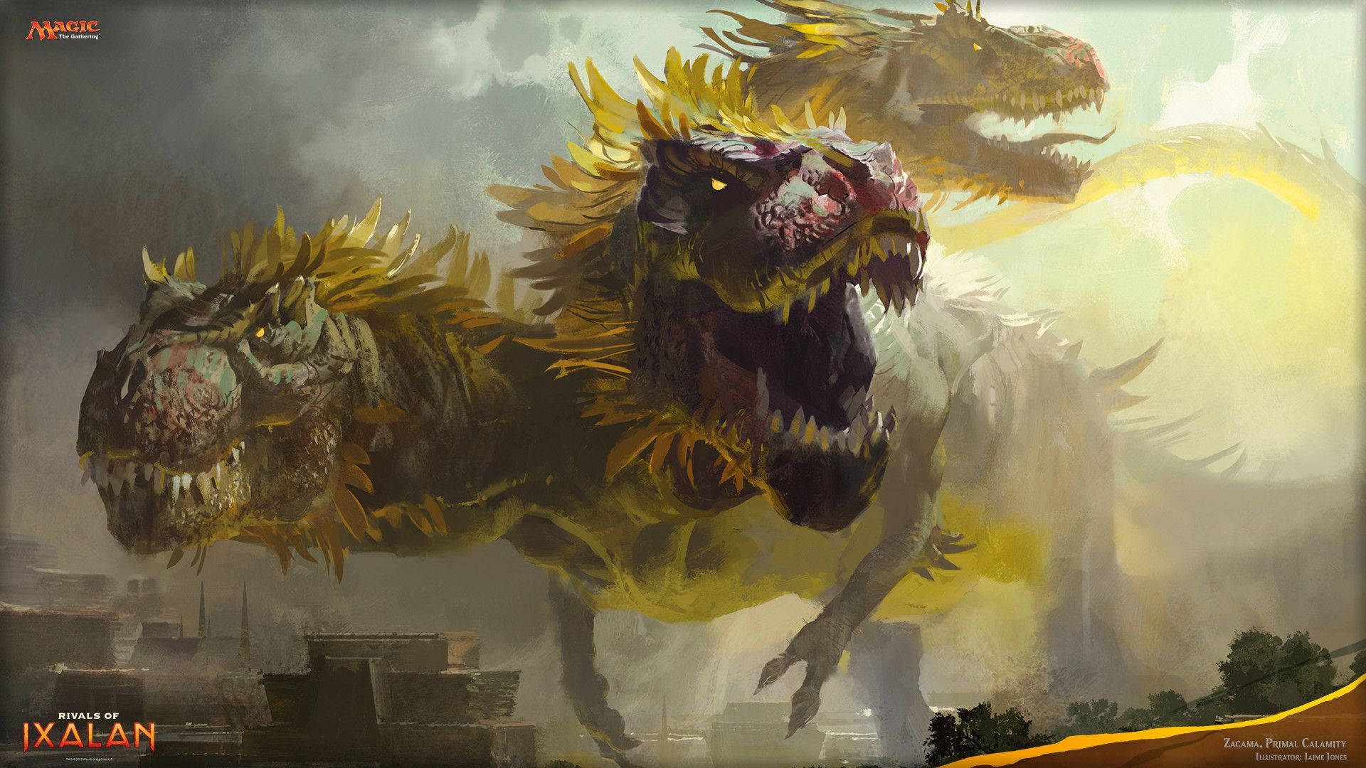 魔法風雲會 桌布 壁紙 — 三隻多頭怪物般的龍，帶有尖刺的金色鬃毛，在暴風雨的天空下，在廢墟城市景觀上兇猛地咆哮。