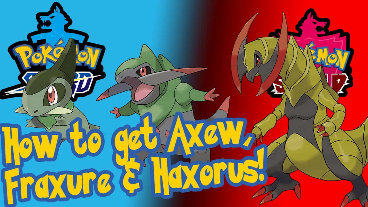 Pokemon Aesthetic 桌布 壁紙 — 三隻寶可夢 Axew、Fraxure 和 Haxorus 在藍紅分割背景上動態站立，並帶有粗體文字。