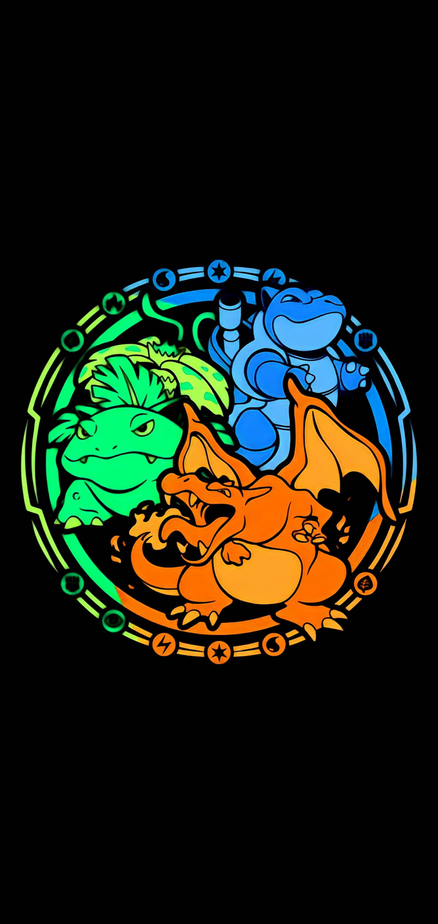 藍色 桌布 壁紙 — 三隻寶可夢——小火龍、妙蛙種子和傑尼龜——在黑色背景上以圓形彩繪玻璃風格明亮發光。