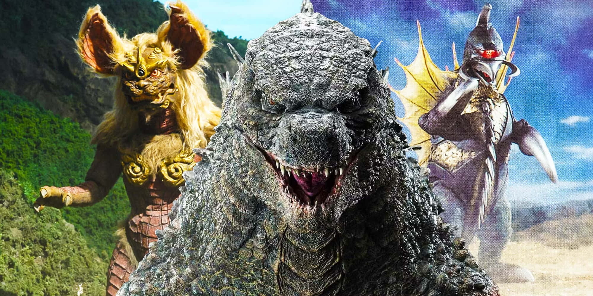 Godzilla Vs King Caesar 桌布 壁紙 — 三隻巨型怪獸在多雲天空下的戲劇性山景中咆哮。