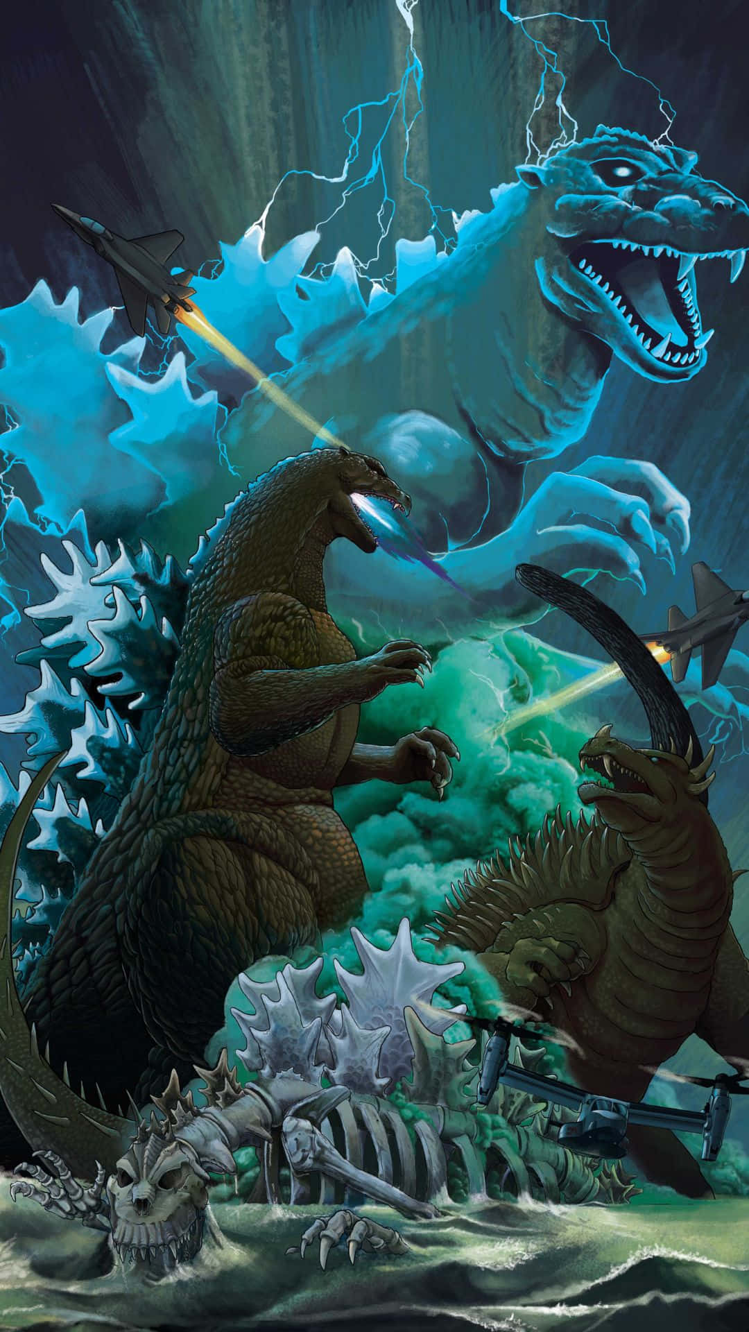 Godzilla Vs Anguirus 桌布 壁紙 — 三隻巨型怪獸在洶湧波濤和閃電中戰鬥，戰鬥機向牠們發射光束。