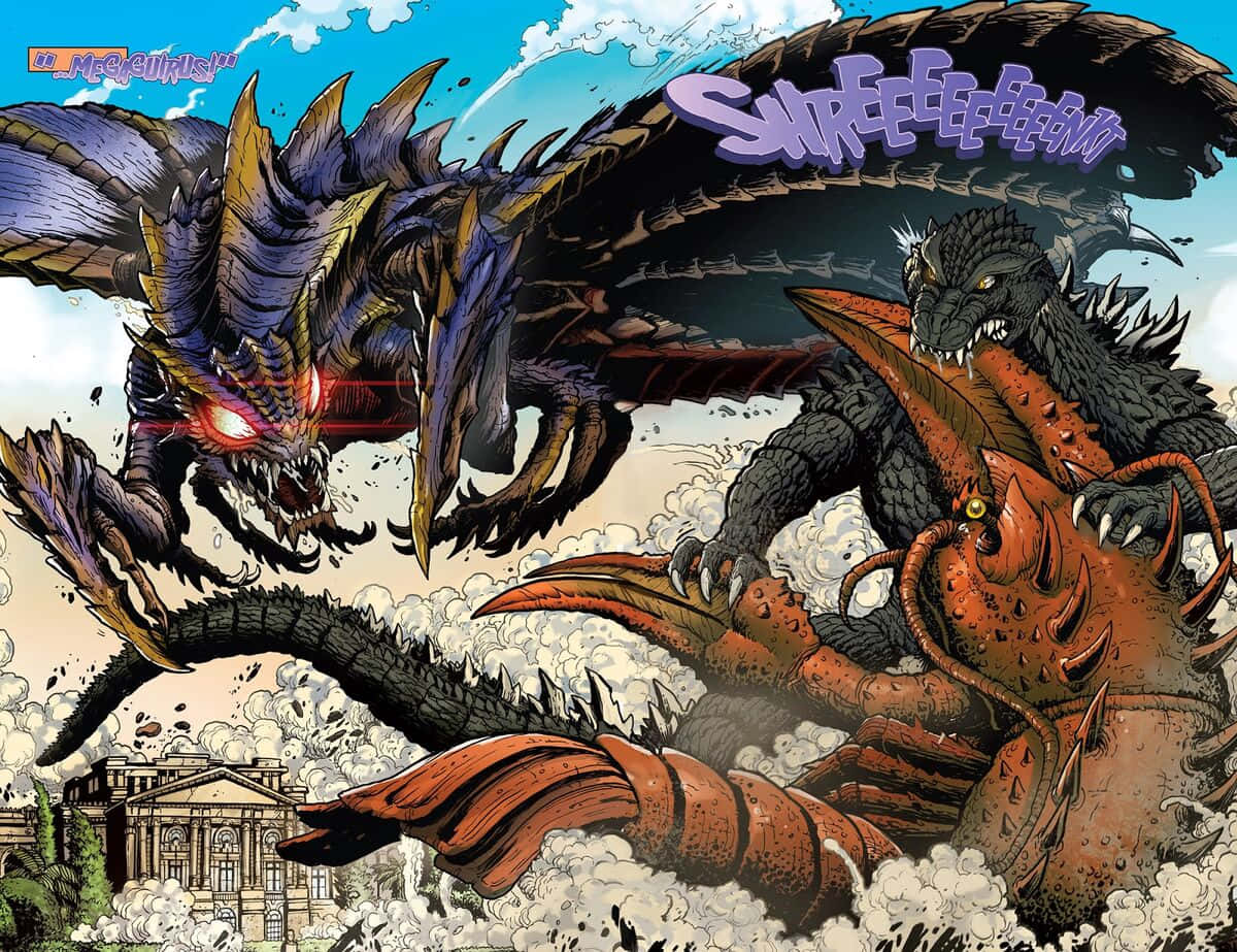 Godzilla Vs Megaguirus 桌布 壁紙 — 三隻巨型怪獸在煙霧和碎片飛揚的城市景觀上空進行混亂的戰鬥。
