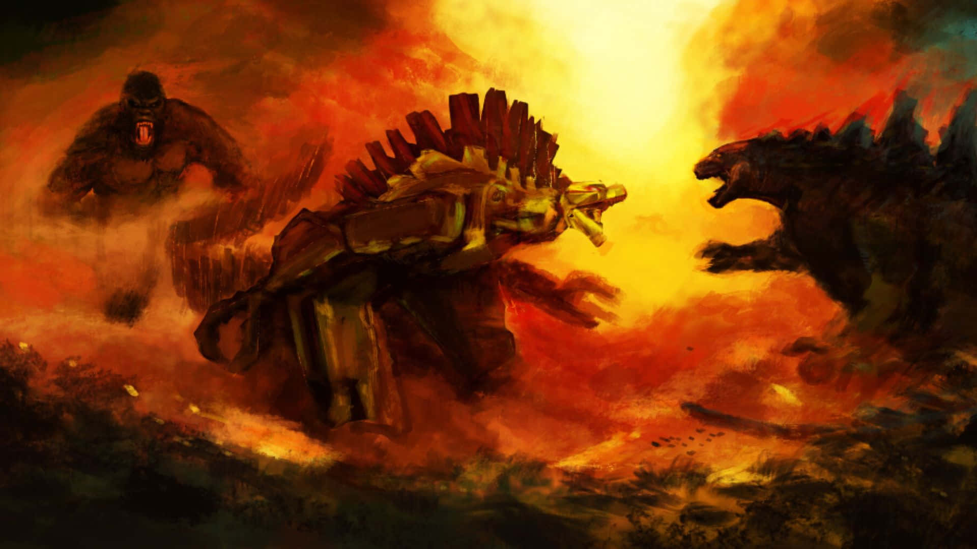 Godzilla Vs Mechagodzilla 桌布 壁紙 — 三隻巨型怪獸在熾熱的橙色天空下，於烈火燎原的末日景觀中激烈碰撞。