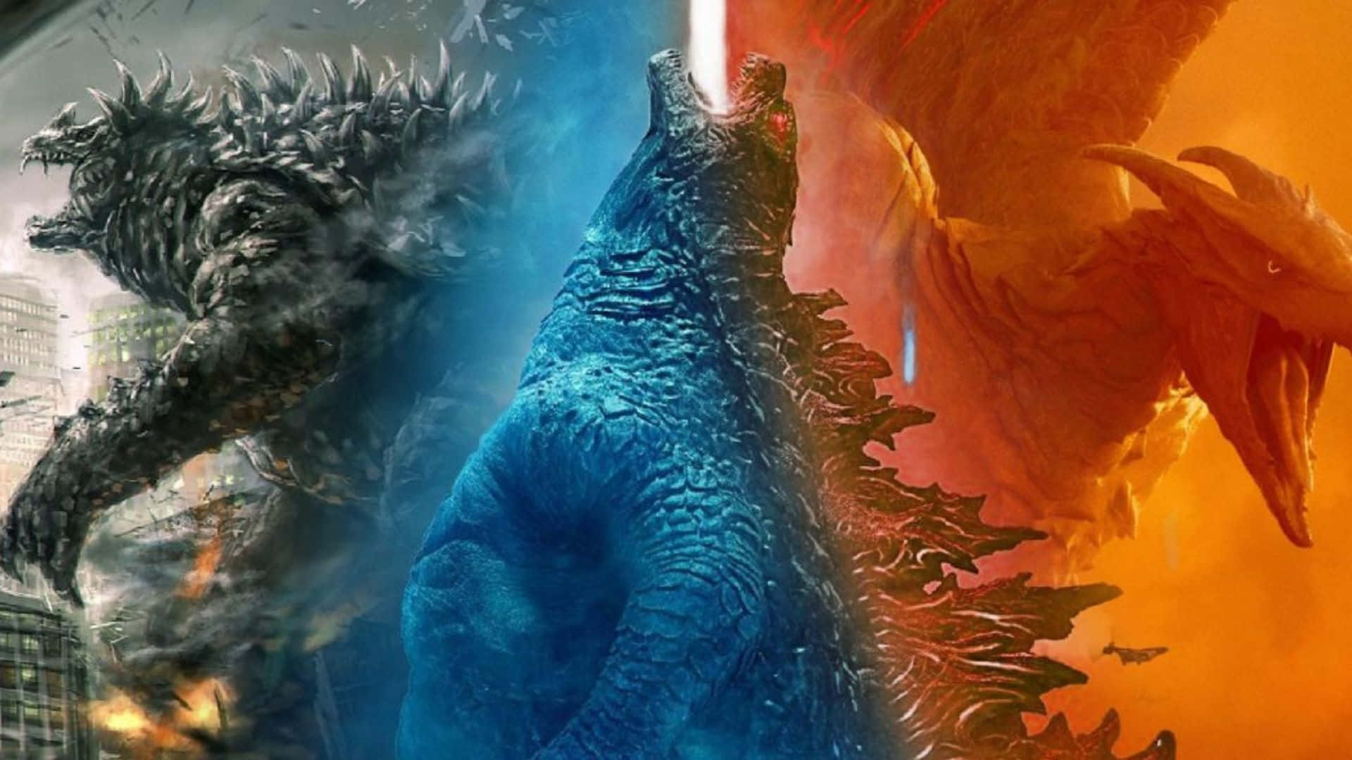 Godzilla Vs Anguirus 桌布 壁紙 — 三隻巨大的哥吉拉式怪獸在煙霧與破壞的熾熱城市戰場上激烈交鋒。