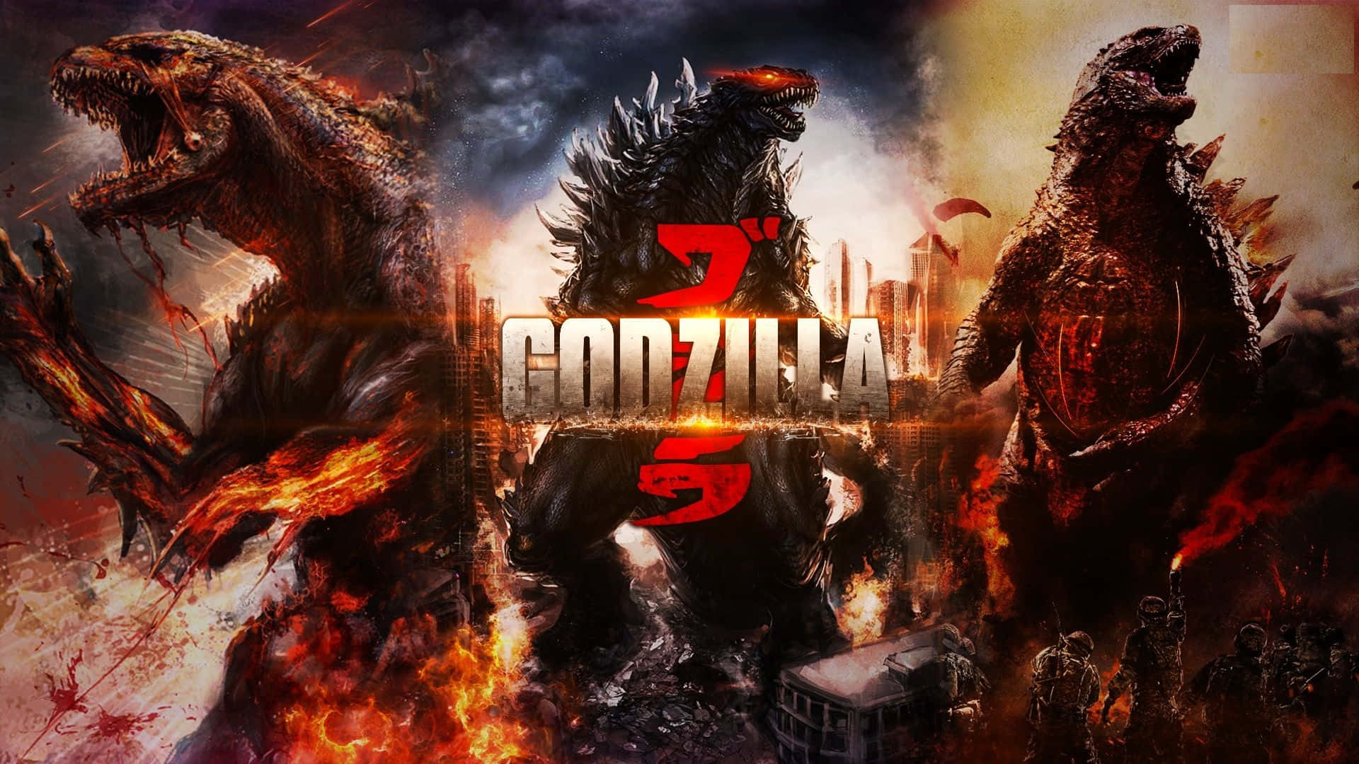 Godzilla 2014 桌布 壁紙 — 三隻巨大的哥吉拉怪獸在燃燒的城市景觀上空，在士兵下方，於烈火毀滅中咆哮。