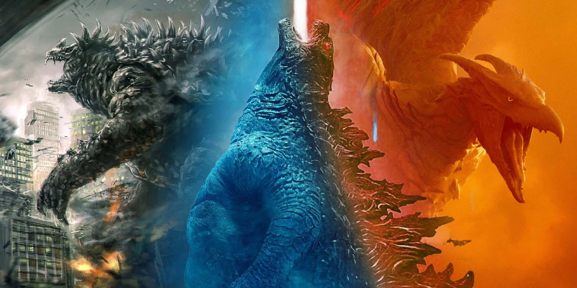 Godzilla Vs Rodan 桌布 壁紙 — 三隻巨大的怪獸在風暴天空下的城市景觀中激烈衝突，伴隨著火焰爆炸和破碎的建築物。