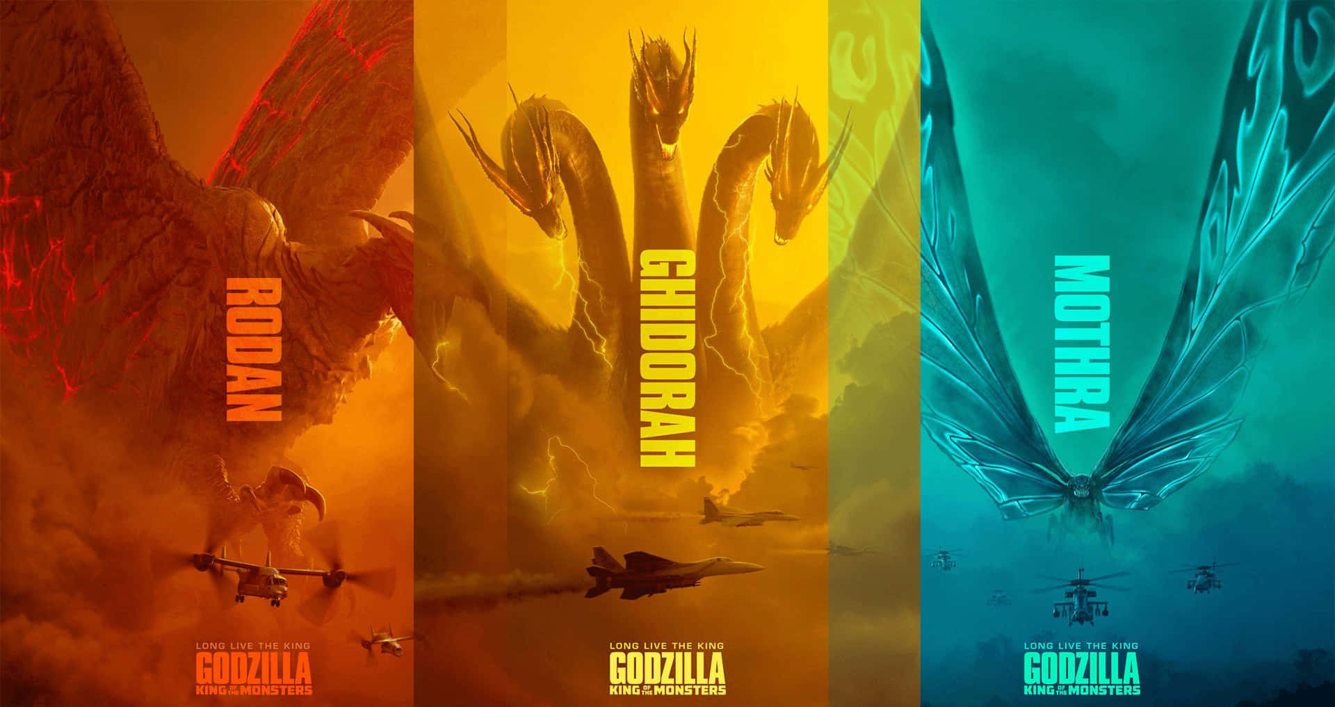 King Ghidorah 桌布 壁紙 — 三隻巨大的怪獸羅丹、奇多拉和摩斯拉在火橙色和青色的天空中翱翔，戰鬥機在下方交戰。