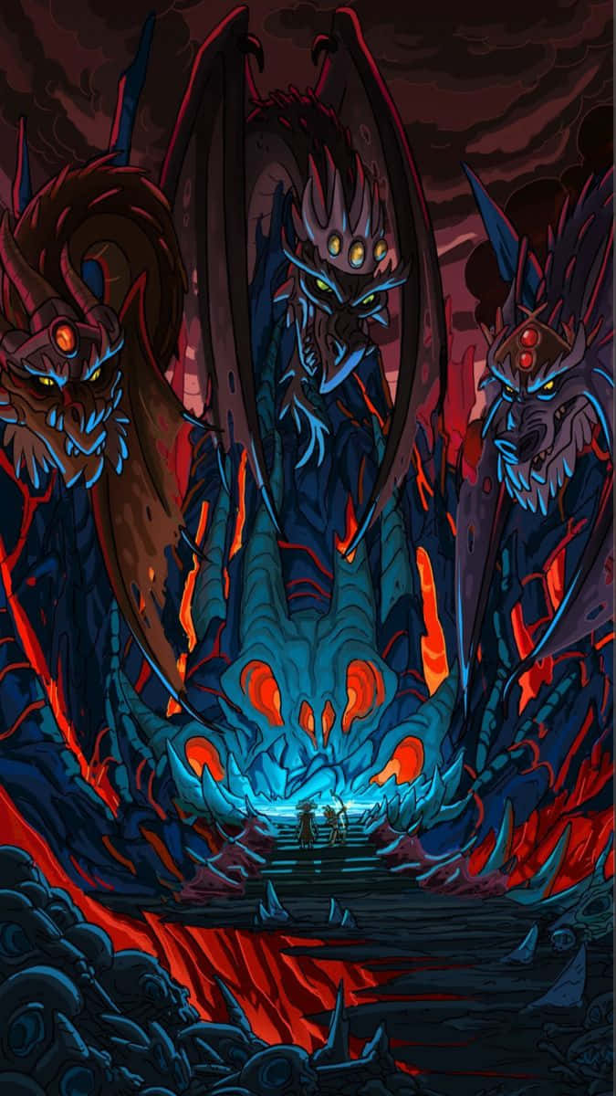 Wubba Lubba Dub Dub 桌布 壁紙 — 三隻巨大的惡魔龍，眼睛發光，翅膀燃燒，籠罩著在地獄洞穴中攀登樓梯的小小冒險者。