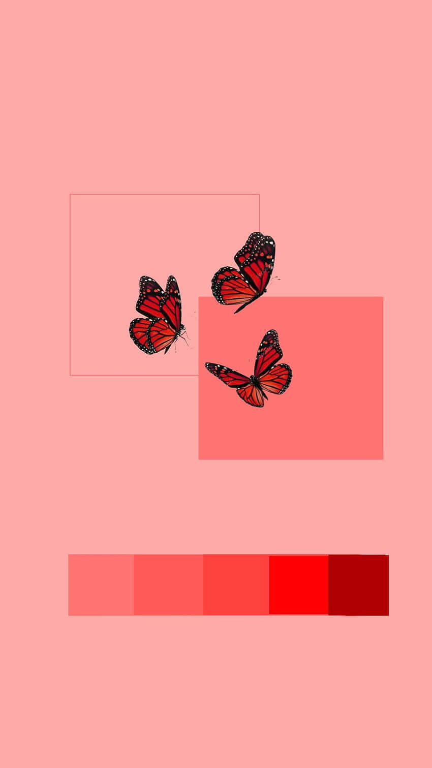 Soft Red Aesthetic 桌布 壁紙 — 三隻帝王斑蝶優雅地漂浮在層疊的粉紅色長方形上，背景是柔和的珊瑚色。