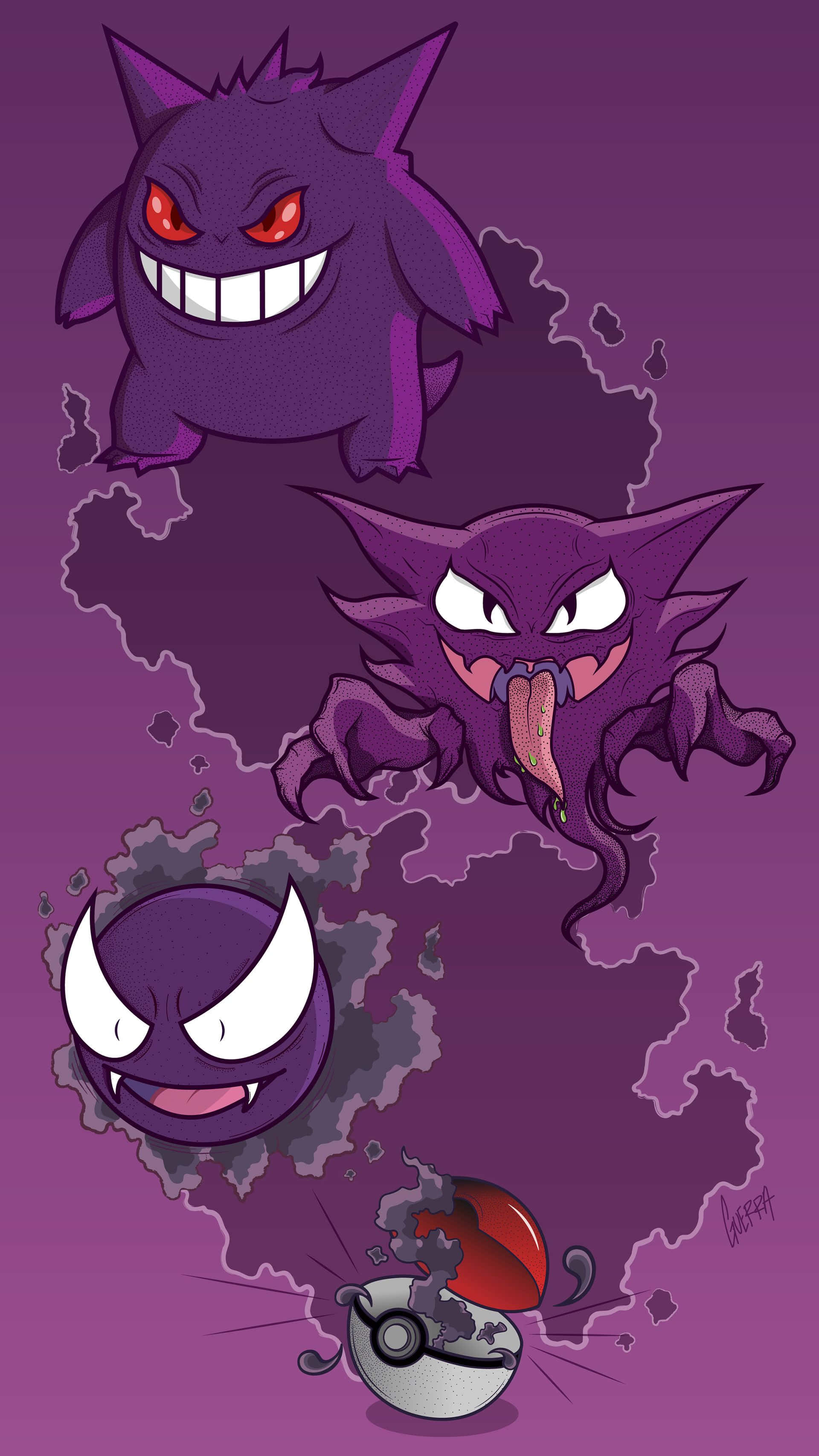 Pokemon Evolution 桌布 壁紙 — 三隻帶有威脅性的紫色寶可夢從破碎的精靈球中出現，背景為紫色漸層。