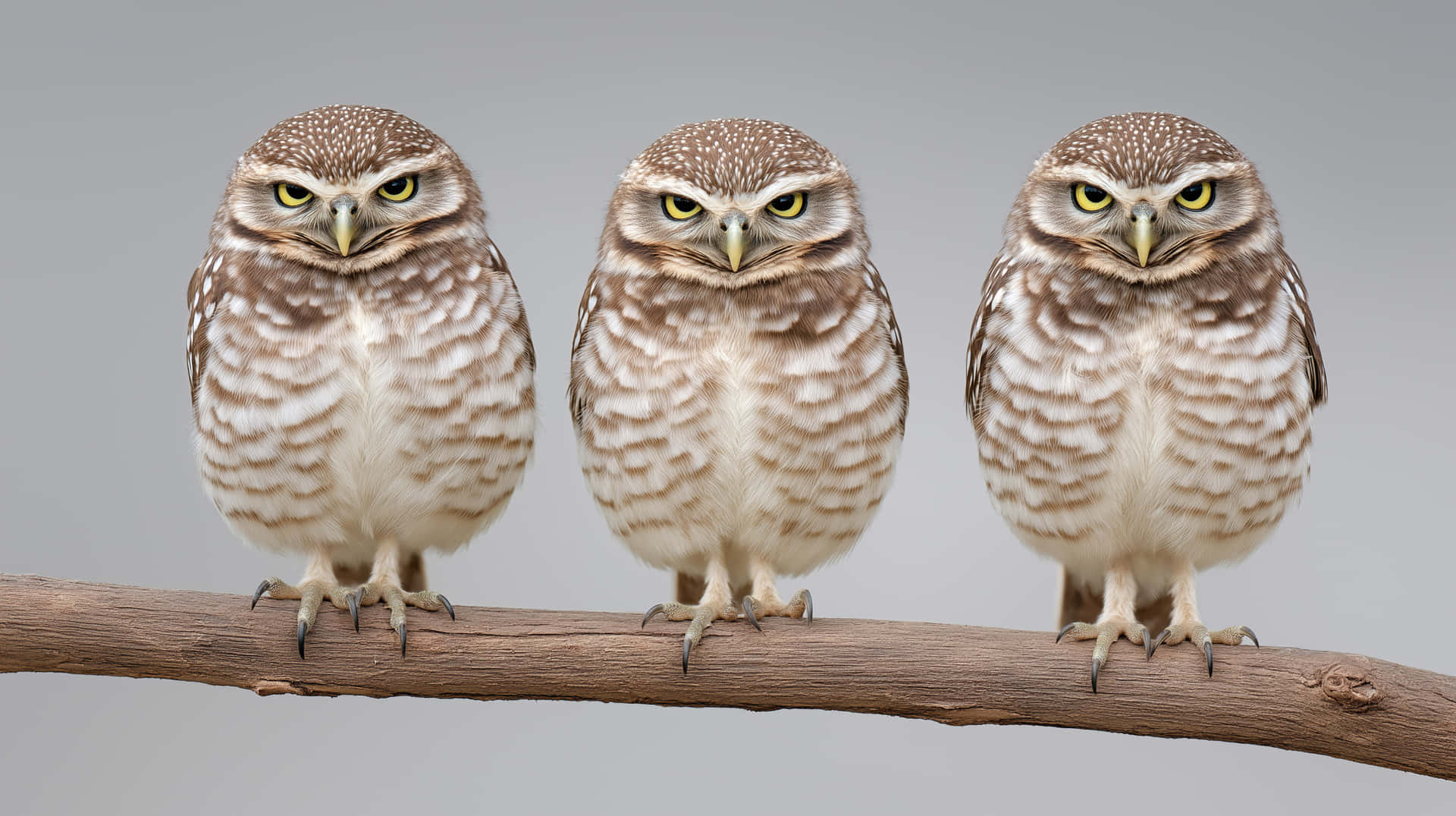Alert Owl Family Perched Side-by-Side on Simple Wood 壁紙 — 三隻帶有強烈黃色眼睛的穴鴞並排棲息在風化的樹枝上，背景為中性灰色。