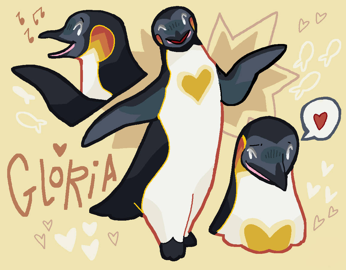 Happy Feet 桌布 壁紙 — 三隻帶有心形裝飾的快樂卡通企鵝在充滿心形和魚形輪廓的溫暖米色背景上歡快地跳舞。