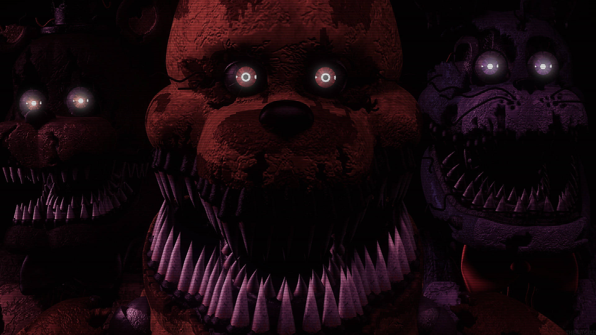 nightmare 桌布 壁紙 — 三隻帶有發光眼睛和尖銳牙齒的威脅性電子熊，在黑暗詭異的環境中凝視著。