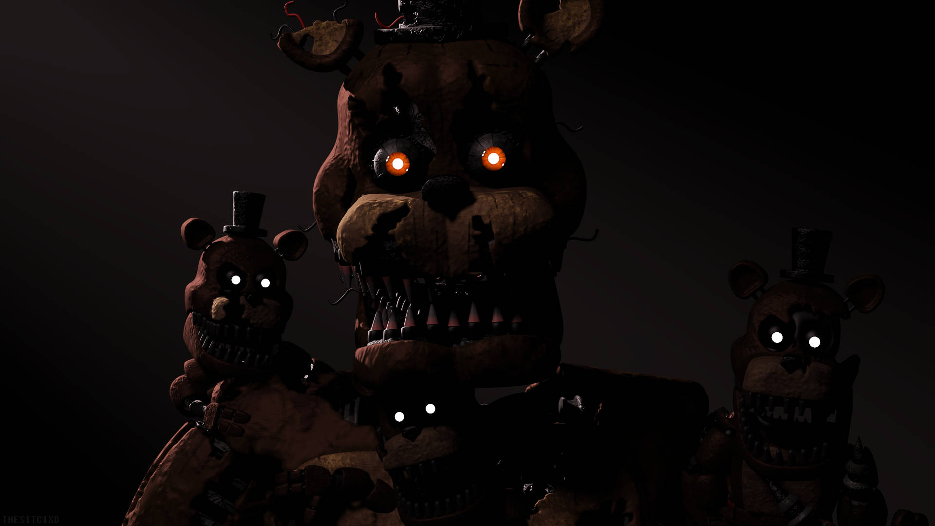 nightmare 桌布 壁紙 — 三隻帶有發光眼睛的威脅性電子熊在黑暗陰影環境中若隱若現。