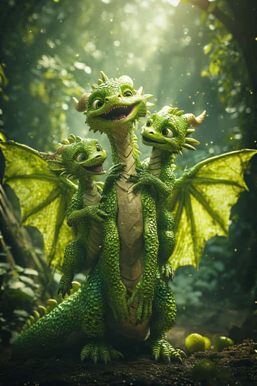 Adorable Baby Lime Dragons with Vibrant Dragon Wings 壁紙 — 三隻帶有翅膀和角的快樂綠色龍在陽光明媚的森林空地上嬉戲地擠在一起。