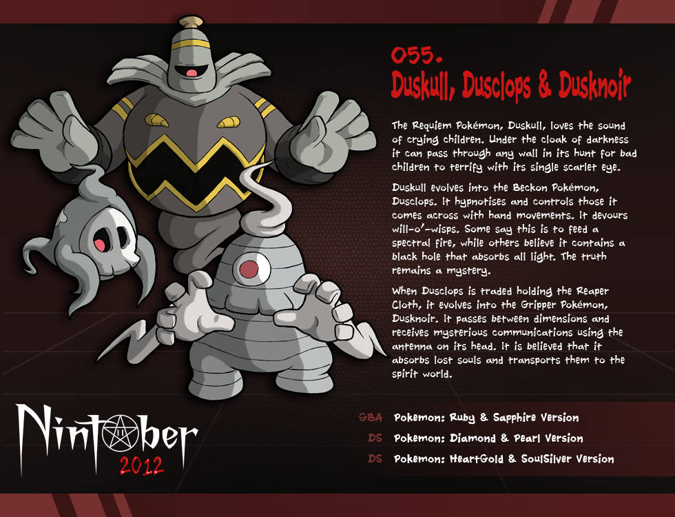 寶可夢 桌布 壁紙 — 三隻幽靈般的寶可夢 Duskull、Dusclops 和 Dusknoir 站在深紅色背景前，帶有描述性文字和 Nintober 2012 品牌標識。