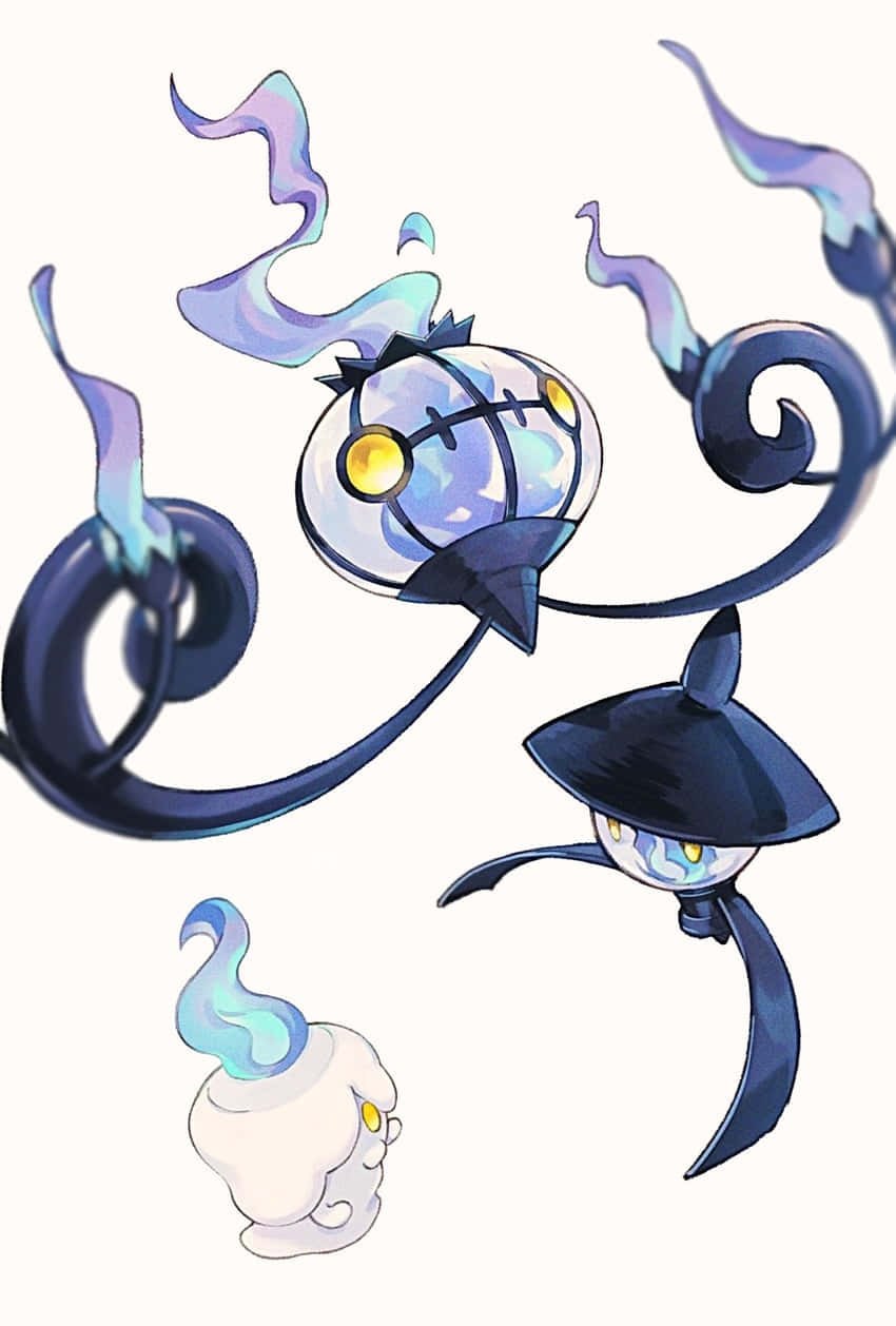 Pokémon 手機 桌布 壁紙 — 三隻幽靈般的寶可夢，眼睛發光，藍色煙霧旋轉，漂浮在純白色背景上。