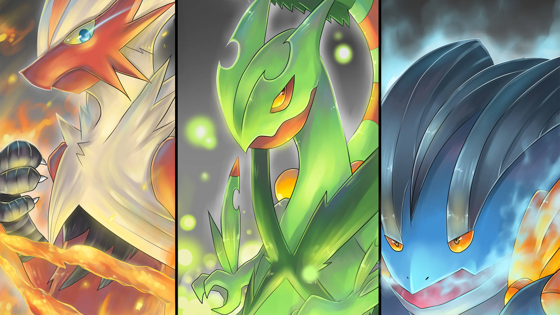 Blaziken 桌布 壁紙 — 三隻強大的寶可夢——熾焰咆哮虎、君主蛇和暴鯉龍——以動態姿勢站立，帶有火焰般的發光效果和戲劇性的燈光。