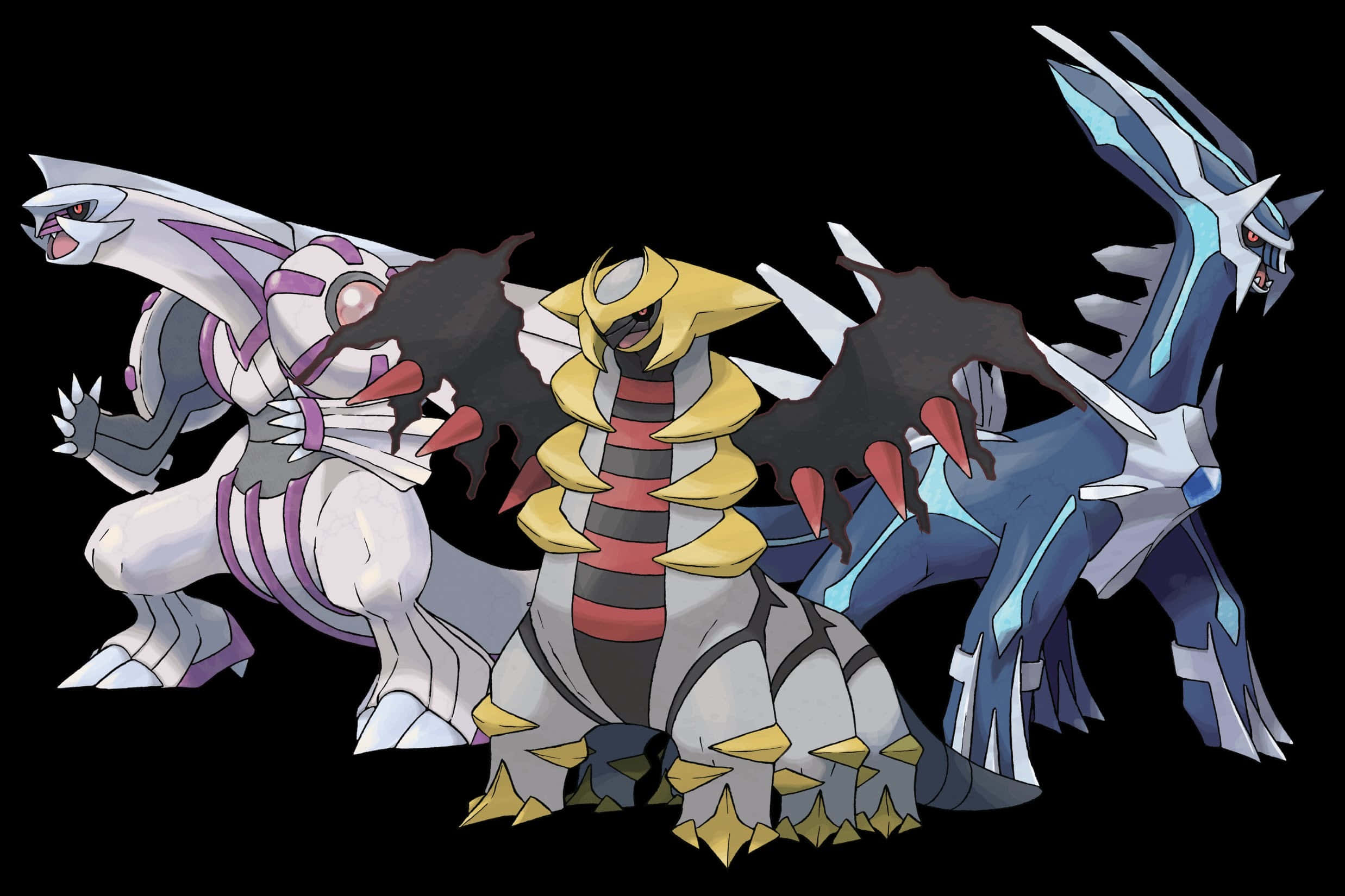Dialga 桌布 壁紙 — 三隻強大的寶可夢在黑色背景前擺出姿勢，展示其精細的盔甲和鋒利的特徵。