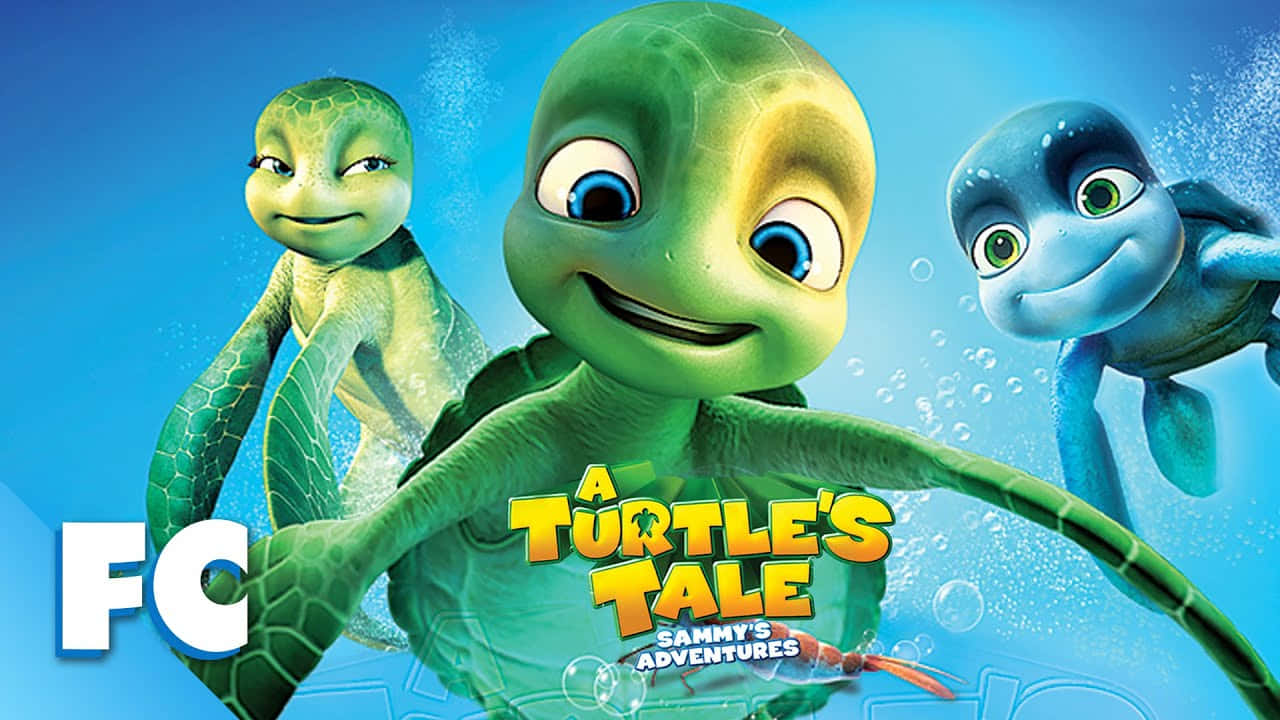 Cartoon Turtle 桌布 壁紙 — 三隻快樂的動畫海龜在明亮的藍色海水中歡快地游動，周圍氣泡上升。