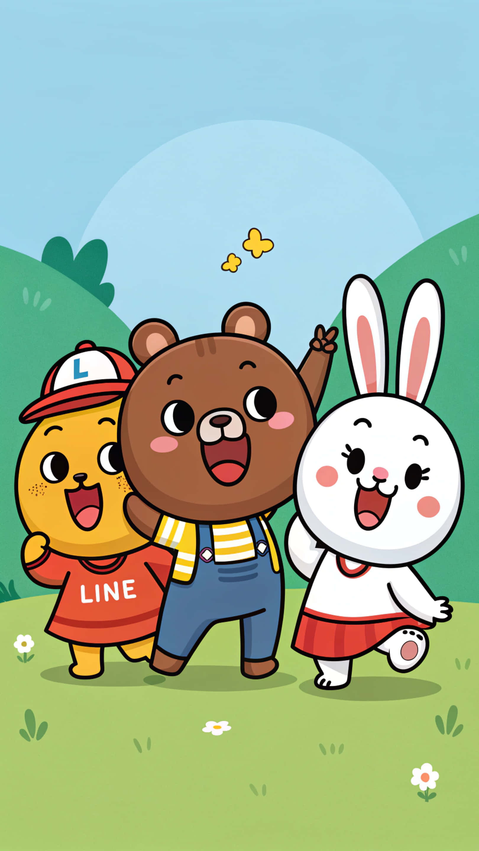 小狗 桌布 壁紙 — 三隻快樂的卡通動物：一隻熊、一隻兔子和一個穿著紅色襯衫的黃色角色，在藍天下長滿青草的小山上快樂地站著，蝴蝶在空中飄舞。