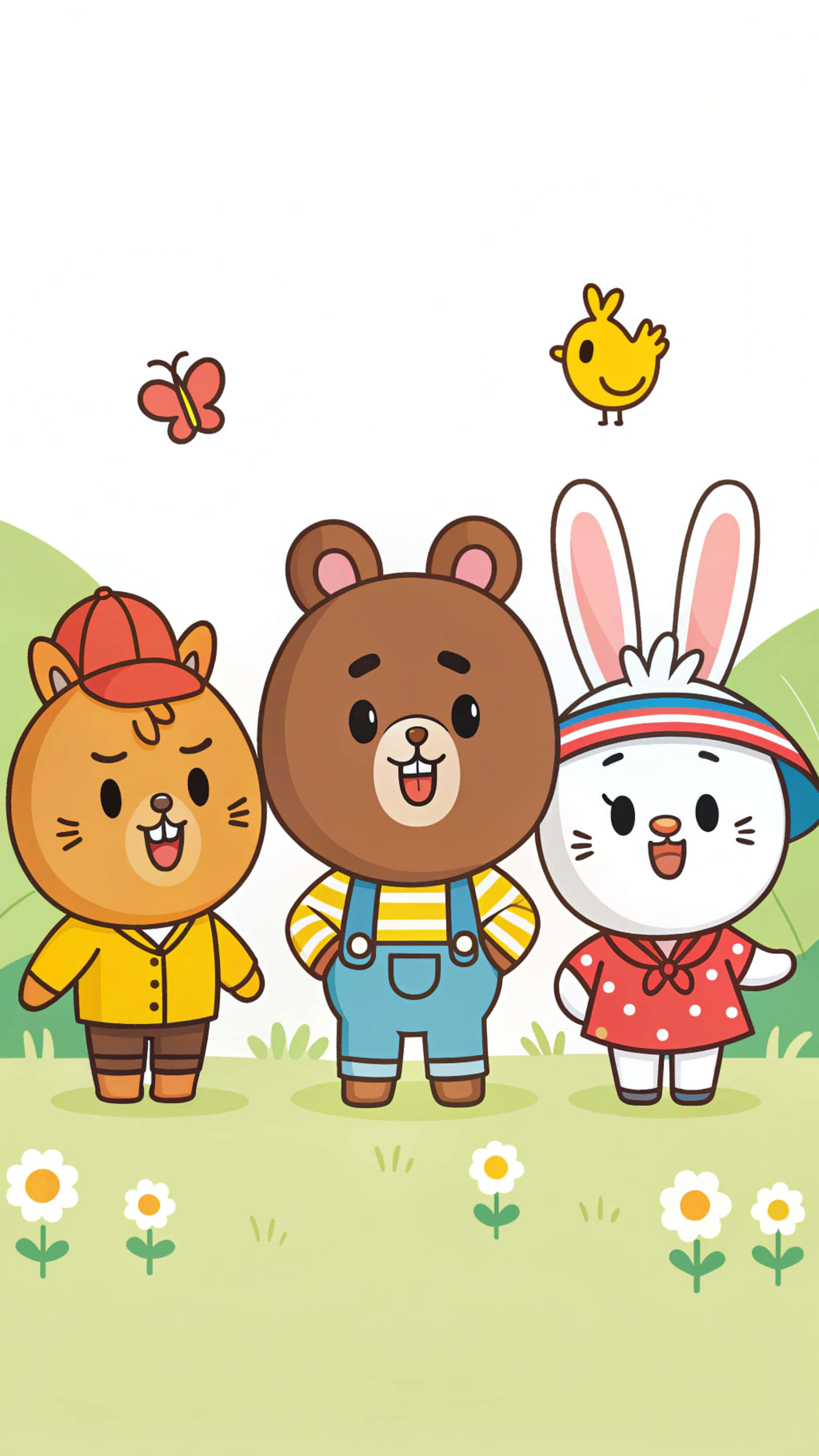 小狗 桌布 壁紙 — 三隻快樂的卡通動物，一隻貓、熊和兔子，站在有花朵、蝴蝶和一隻鳥在它們上方的草地上。