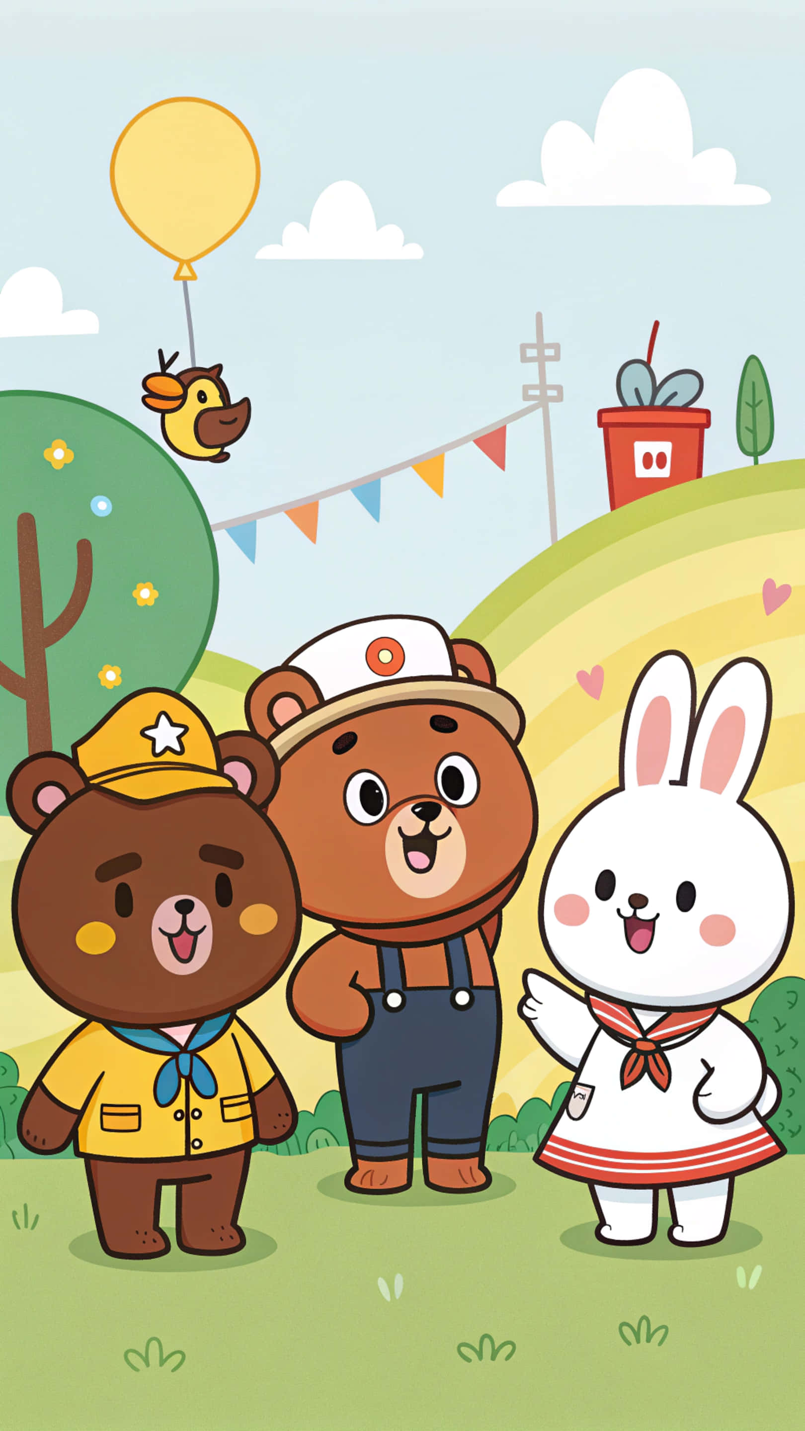 小狗 桌布 壁紙 — 三隻快樂的卡通動物：戴帽子的熊、穿吊帶褲的熊和穿裙子的兔子，站在草地上，天空中有氣球和小鳥。