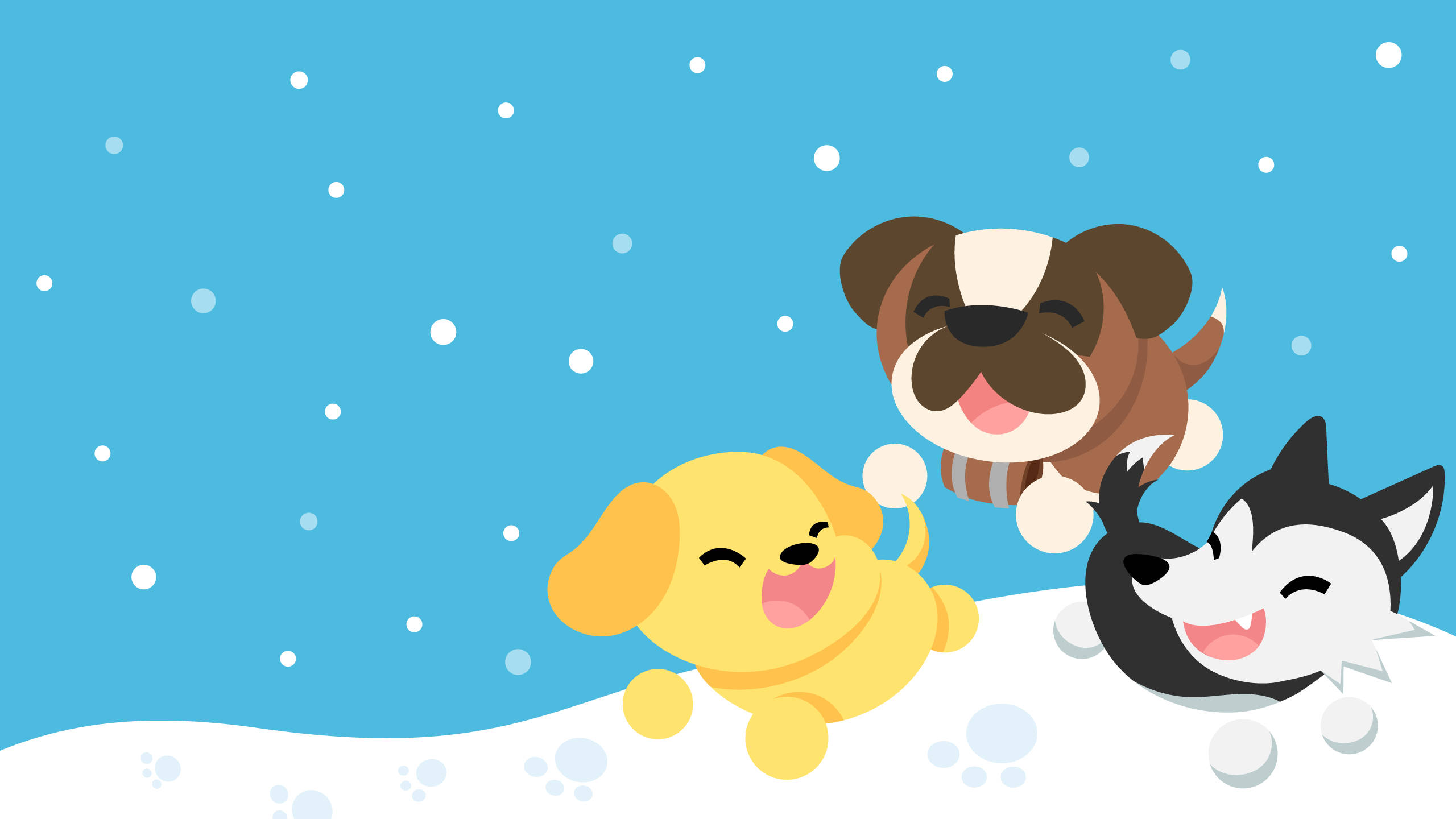 Me 桌布 壁紙 — 三隻快樂的卡通小狗在明亮的藍天下，在雪堆中嬉戲打滾，雪花飄落。