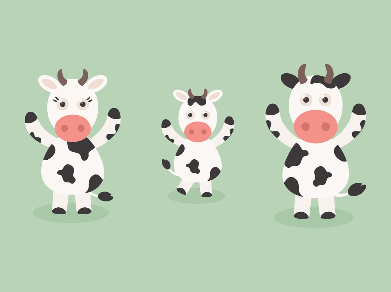 Cartoon Cow 桌布 壁紙 — 三隻快樂的卡通牛，有黑色斑點和粉紅色鼻子，在柔和的綠色背景上開心地揮手。