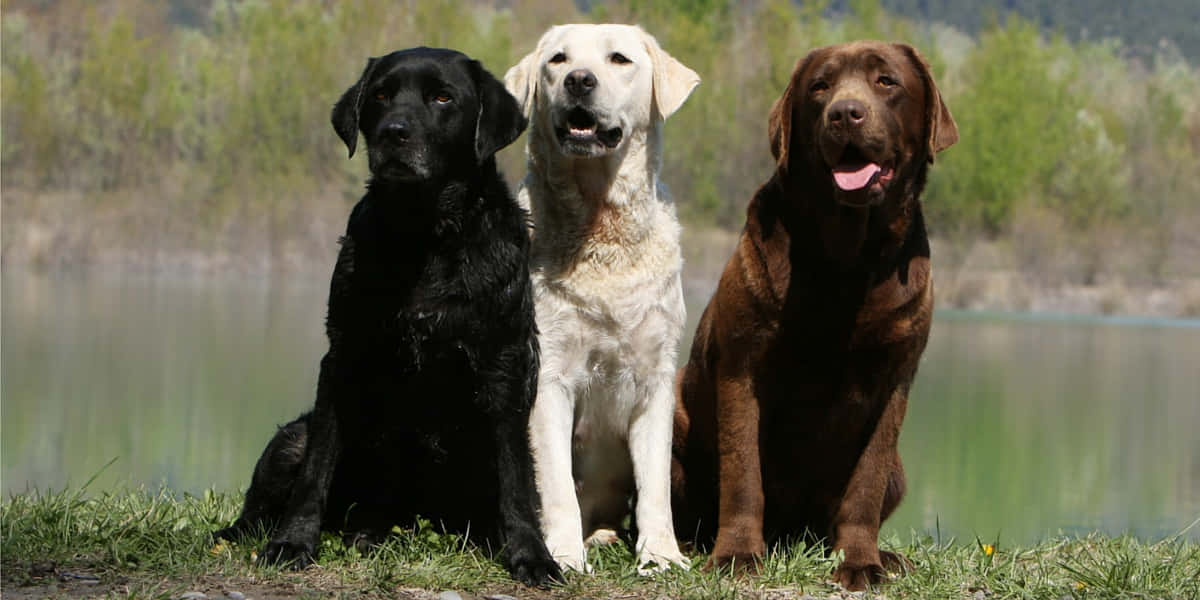 Labrador 桌布 壁紙 — 三隻快樂的拉布拉多尋回犬（黑色、白色和巧克力色）一起坐在平靜湖邊的草地上，沐浴在明亮的陽光下。