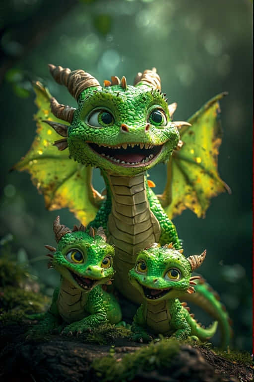 Adorable Baby Lime Dragons with Vibrant Dragon Wings 壁紙 — 三隻快樂的綠色龍，黃色翅膀，棲息在陽光明媚的森林中長滿苔蘚的木頭上。