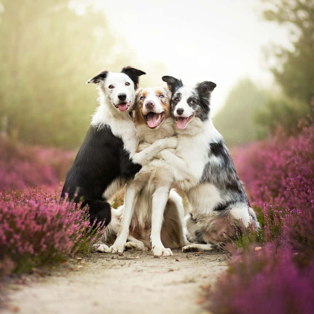 Funny Dog 桌布 壁紙 — 三隻快樂的邊境牧羊犬擠在一起，在柔和的金色光線中，周圍是充滿活力的紫色石楠花，位於一條泥路上。