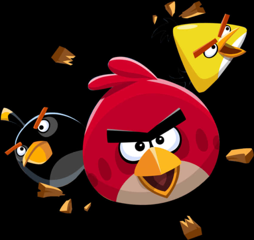 Angry Birds 桌布 壁紙 — 三隻憤怒的卡通鳥從破碎木塊中飛出，紅色黑色黃色，表情兇狠