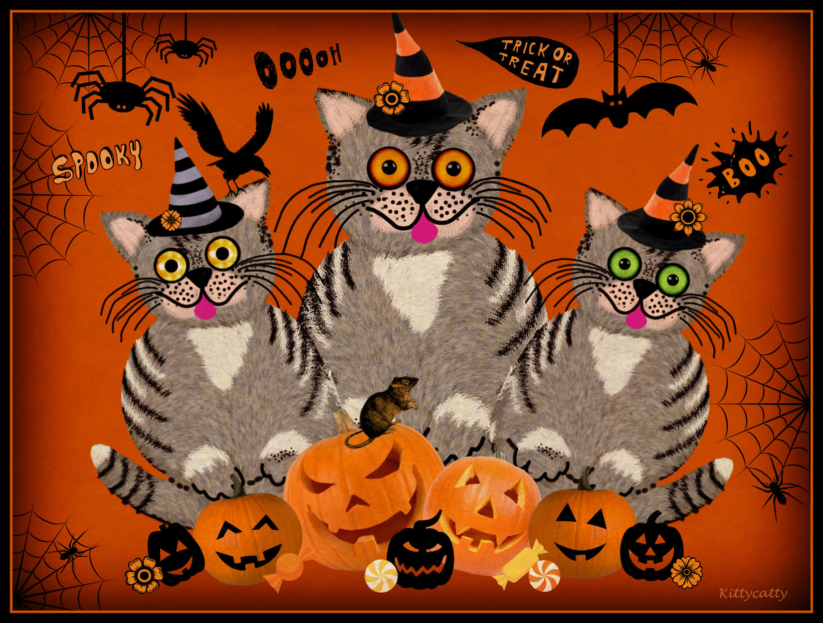 Trick Or Treat 桌布 壁紙 — 三隻戴著巫婆帽的卡通貓坐在南瓜燈上，背景為橙色，配有蝙蝠、蜘蛛和萬聖節文字。