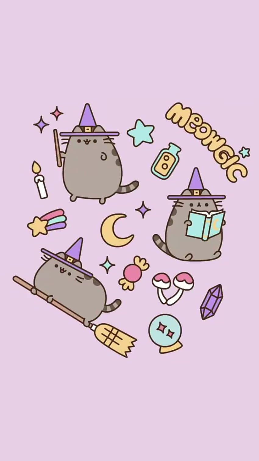 三隻卡通貓咪打扮成巫師，周圍漂浮著魔法物品。 — Pusheen 動圖 壁紙