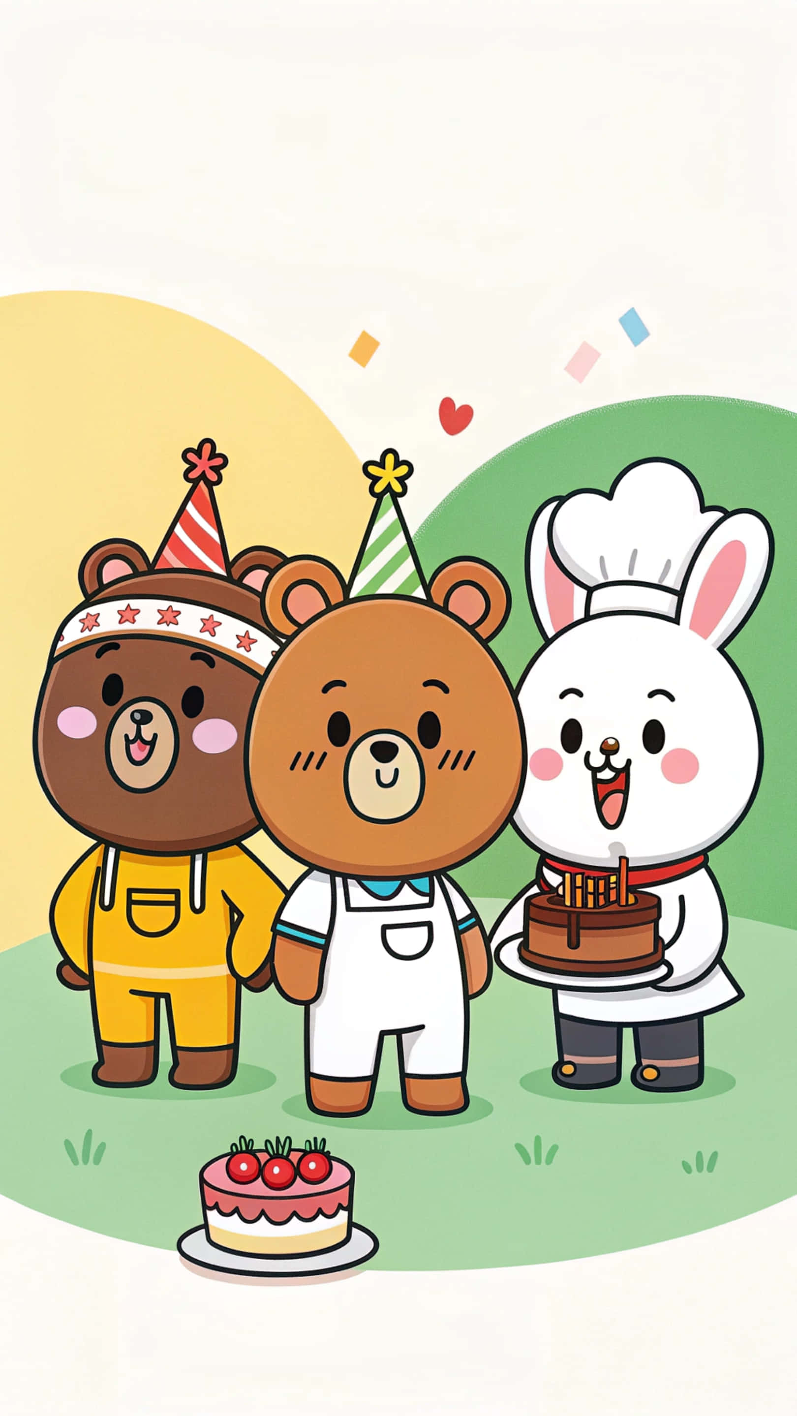 小狗 桌布 壁紙 — 三隻戴著派對帽和廚師服裝的開心卡通動物在粉彩天空下用蛋糕慶祝。
