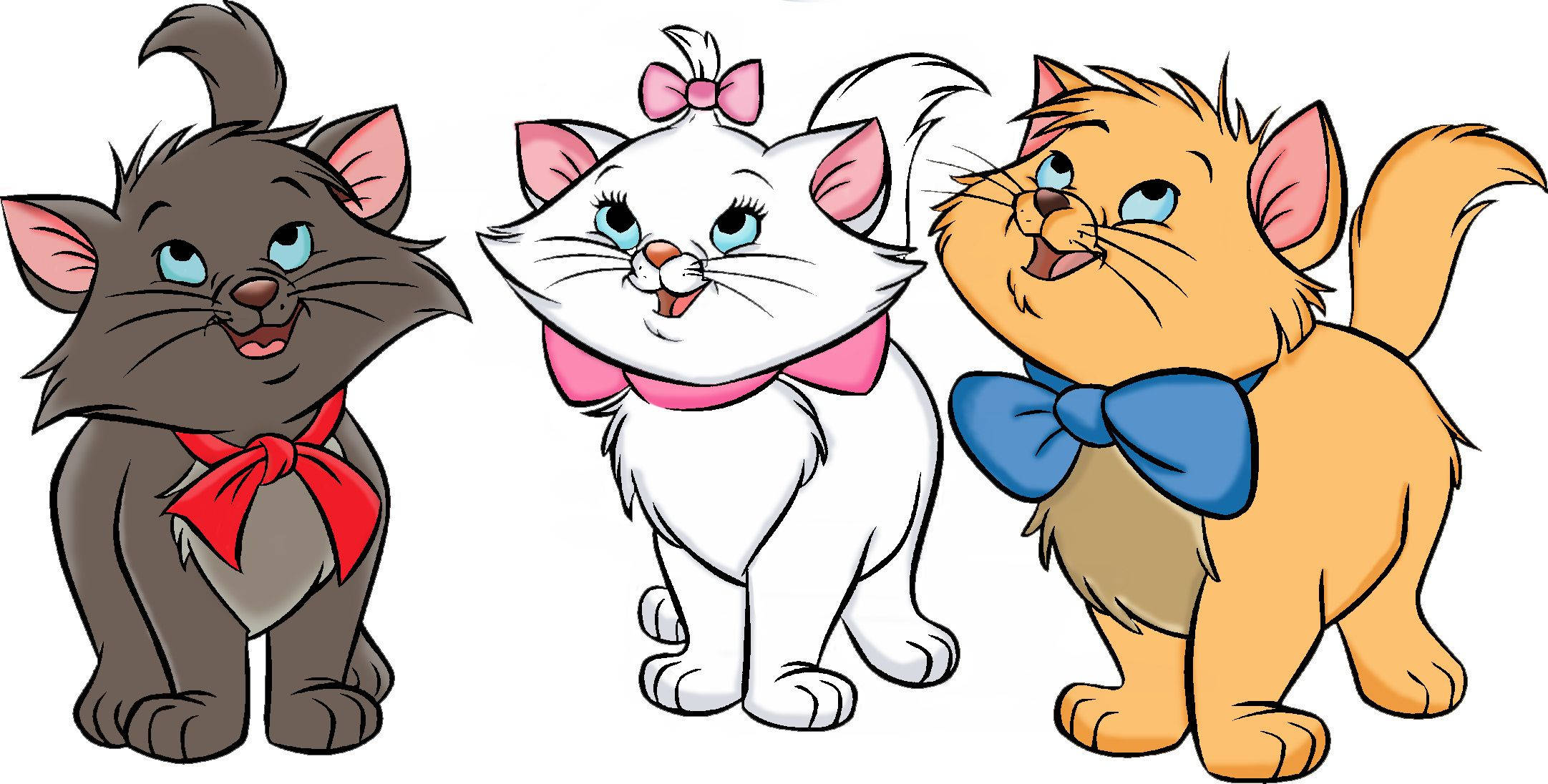 aristocats 桌布 壁紙 — 三隻戴著蝴蝶結的動畫小貓，在純白色背景前歡快地站立。