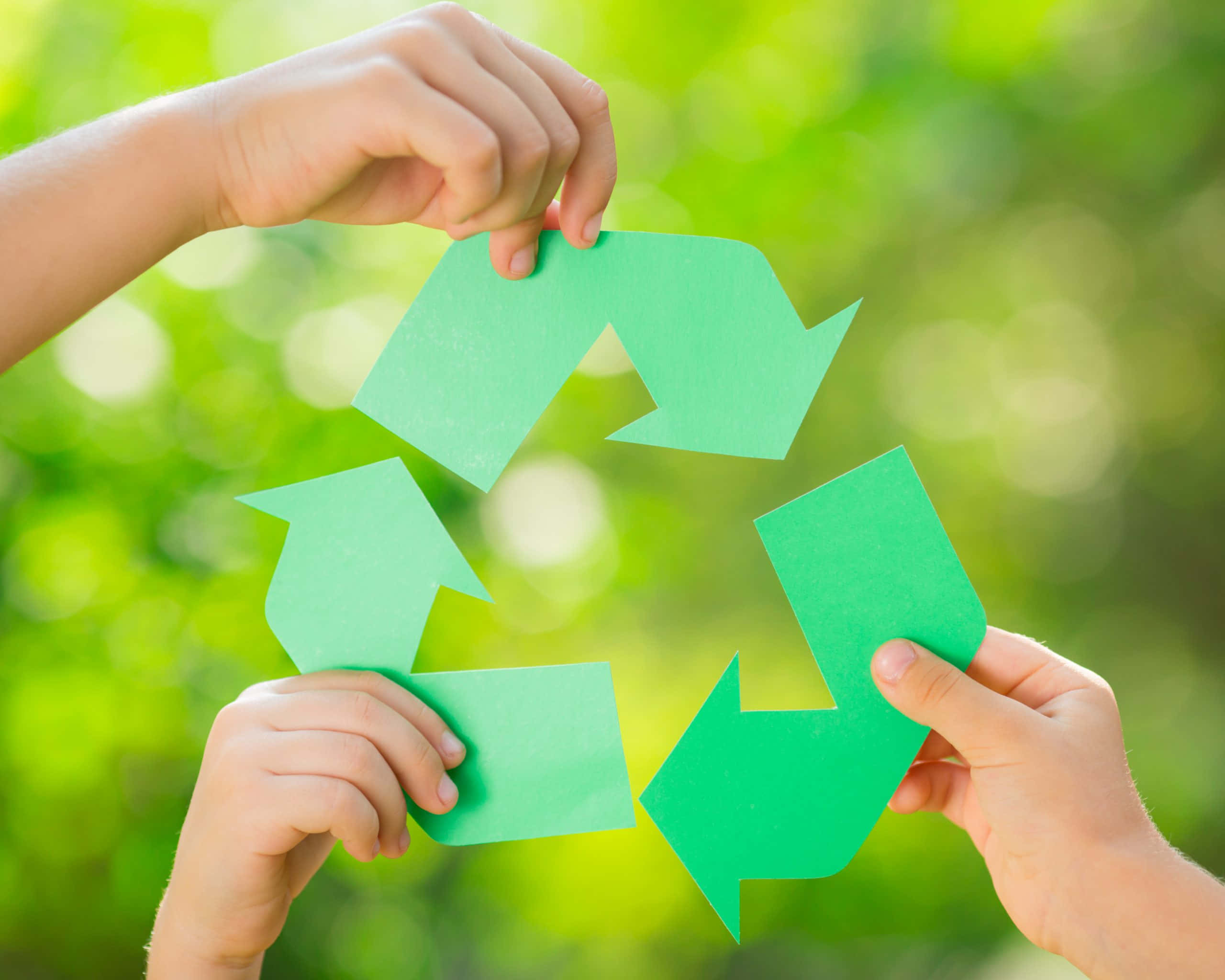 Recycling 桌布 壁紙 — 三隻手在明亮模糊的樹葉背景上組裝一個綠色紙張回收標誌。