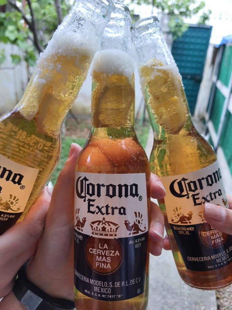 corona 桌布 壁紙 — 三隻手在明亮的戶外背景下碰杯，手持冰涼的Corona Extra啤酒瓶，瓶口有泡沫。