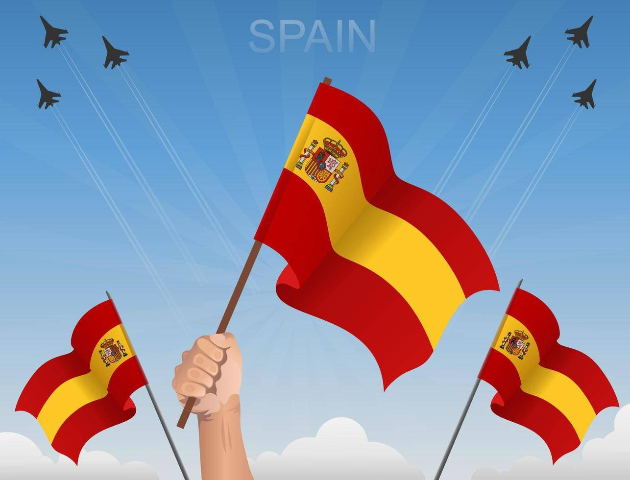 Spain Flag 桌布 壁紙 — 三隻手在藍天下揮舞西班牙國旗，戰鬥機飛過頭頂留下白色煙跡。