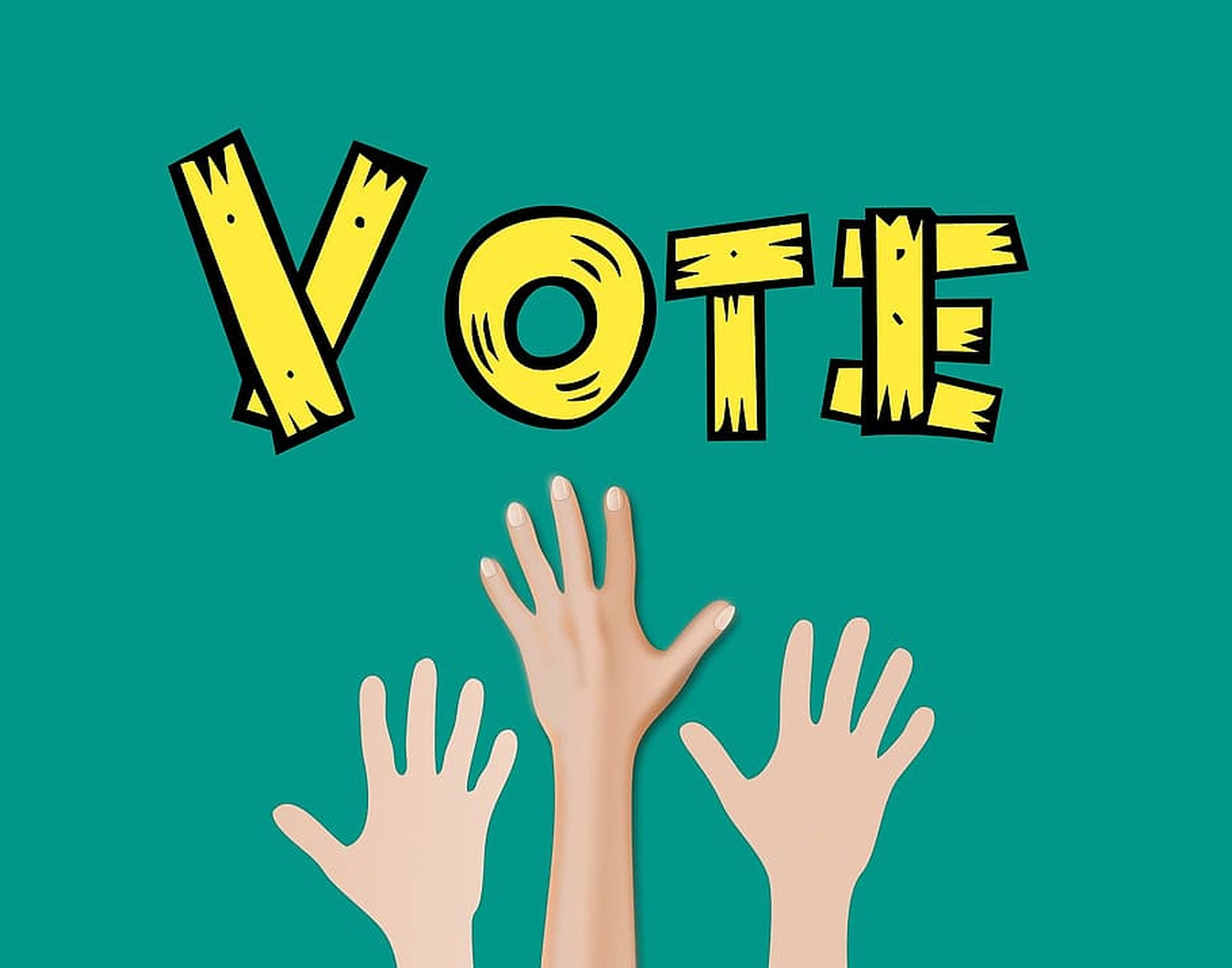 Election 桌布 壁紙 — 三隻手在青綠色背景上的粗體黃色「VOTE」文字下方向上伸展。