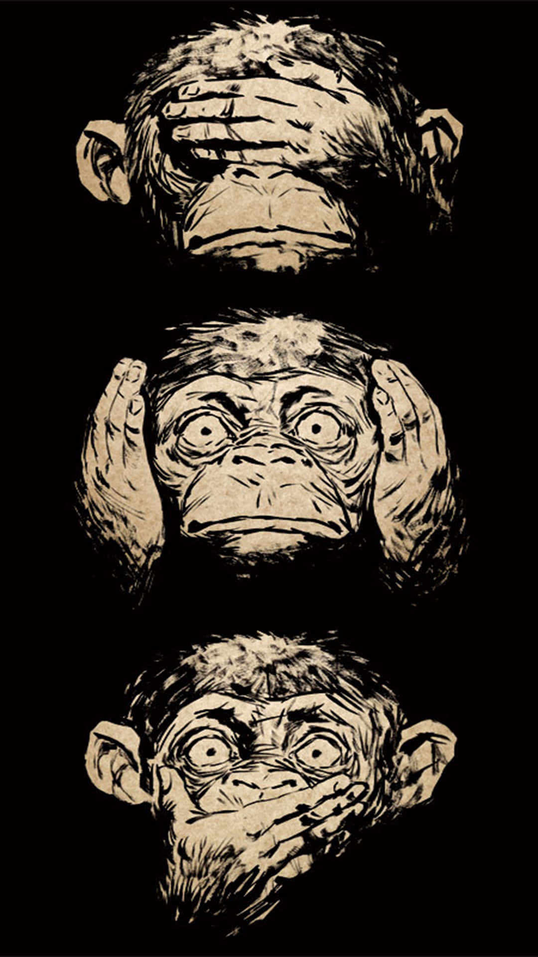 Monkey iPhone 桌布 壁紙 — 三隻插圖猿猴以經典的「非禮勿視、非禮勿聽、非禮勿言」姿勢，襯托在鮮明的黑色背景上。