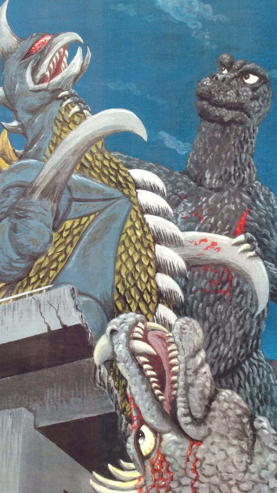 Godzilla Vs Anguirus 桌布 壁紙 — 三隻擁有尖牙和鱗狀皮膚的怪獸級卡伊獸在藍天背景下展開戲劇性的戰鬥。